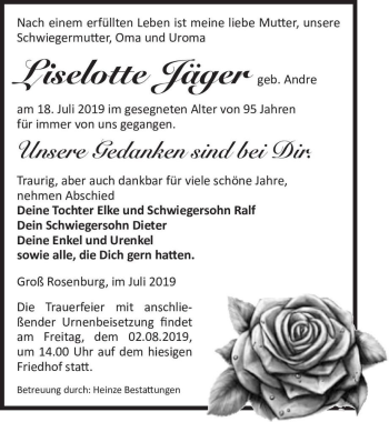 Traueranzeige von Liselotte Jäger (geb. Andre)  von Magdeburger Volksstimme