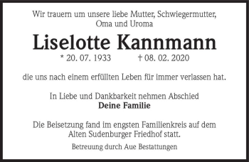 Traueranzeige von Liselotte Kannmann  von Magdeburger Volksstimme