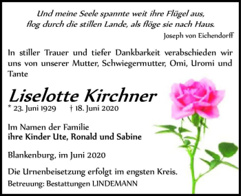 Traueranzeige von Liselotte Kirchner  von Magdeburger Volksstimme