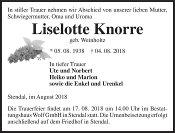 Traueranzeige von Liselotte Knorre (geb. Weinholtz)  von Magdeburger Volksstimme