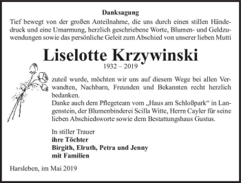 Traueranzeige von Liselotte Krzywinski  von Magdeburger Volksstimme