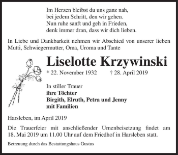 Traueranzeige von Liselotte Krzywinski  von Magdeburger Volksstimme