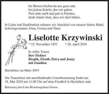 Traueranzeige von Liselotte Krzywinski  von Magdeburger Volksstimme