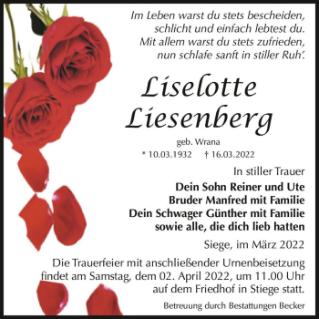 Traueranzeige von Liselotte Liesenberg (geb. Wrana)  von Magdeburger Volksstimme