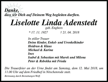 Traueranzeige von Liselotte Linda Adenstedt (geb. Engbers)  von Magdeburger Volksstimme