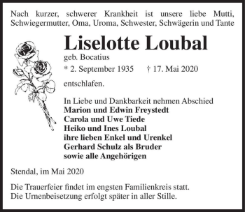 Traueranzeige von Liselotte Loubal (geb. Bocatius)  von Magdeburger Volksstimme