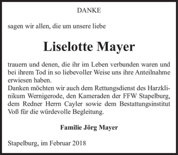 Traueranzeige von Liselotte Mayer  von Magdeburger Volksstimme