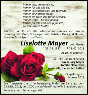 Traueranzeige von Liselotte Mayer (geb. Henkel)  von Magdeburger Volksstimme