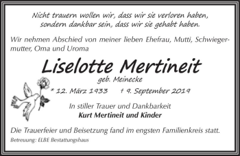 Traueranzeige von Liselotte Mertineit (geb. Meinecke)  von Magdeburger Volksstimme