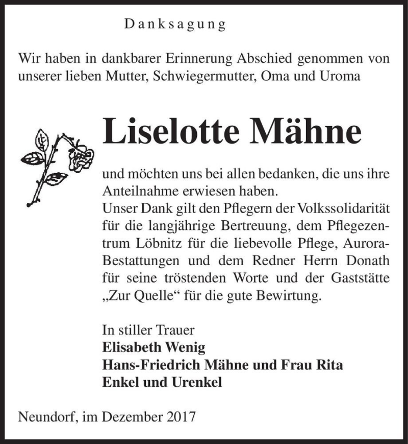  Traueranzeige für Liselotte Mähne  vom 30.12.2017 aus Magdeburger Volksstimme