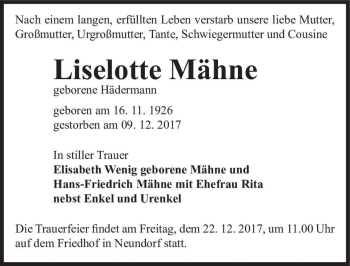 Traueranzeige von Liselotte Mähne (geb. Hädermann)  von Magdeburger Volksstimme