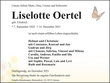 Traueranzeige von Liselotte Oertel (geb. Friedrich)  von Magdeburger Volksstimme
