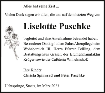 Traueranzeige von Liselotte Paschke  von Magdeburger Volksstimme