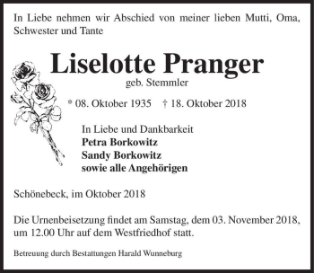 Traueranzeige von Liselotte Pranger (geb. Stemmler)  von Magdeburger Volksstimme
