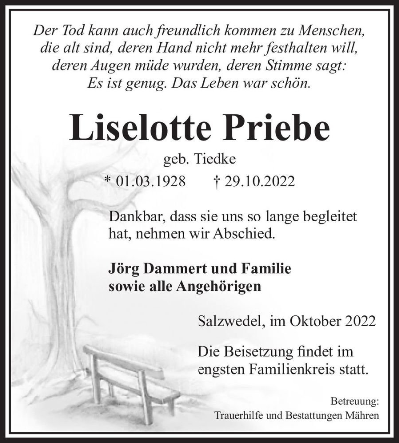  Traueranzeige für Liselotte Priebe (geb. Tiedke)  vom 05.11.2022 aus Magdeburger Volksstimme