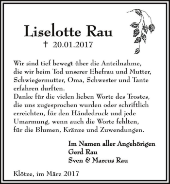 Traueranzeige von Liselotte Rau  von Magdeburger Volksstimme