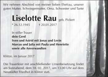 Traueranzeige von Liselotte Rau (geb. Pickert)  von Magdeburger Volksstimme