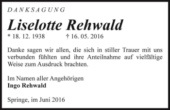 Traueranzeige von Liselotte Rehwald  von Magdeburger Volksstimme
