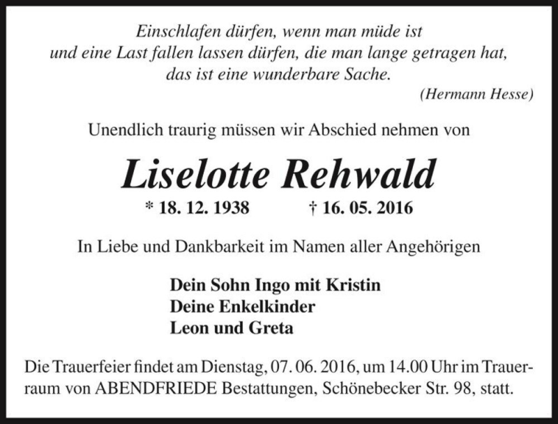  Traueranzeige für Liselotte Rehwald  vom 21.05.2016 aus Magdeburger Volksstimme