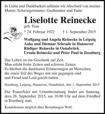 Traueranzeige von Liselotte Reinecke (geb. Trau)  von Magdeburger Volksstimme