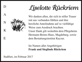 Traueranzeige von Liselotte Rückriem  von Magdeburger Volksstimme