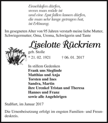 Traueranzeige von Liselotte Rückriem (geb. Stolle)  von Magdeburger Volksstimme