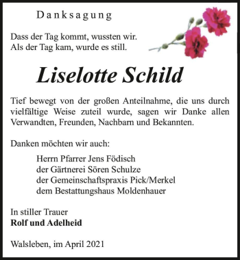 Traueranzeige von Liselotte Schild  von Magdeburger Volksstimme