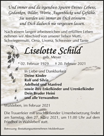 Traueranzeige von Liselotte Schild (geb. Meyer)  von Magdeburger Volksstimme