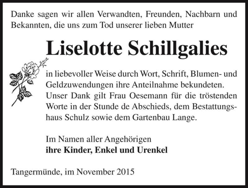  Traueranzeige für Liselotte Schillgalies  vom 19.11.2015 aus Magdeburger Volksstimme