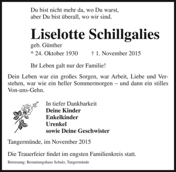 Traueranzeige von Liselotte Schillgalies (geb. Günther)  von Magdeburger Volksstimme