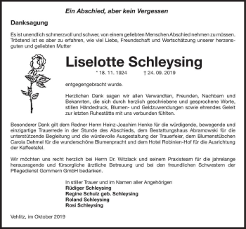 Traueranzeige von Liselotte Schleysing  von Magdeburger Volksstimme