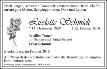 Traueranzeige von Liselotte Schmidt  von Magdeburger Volksstimme