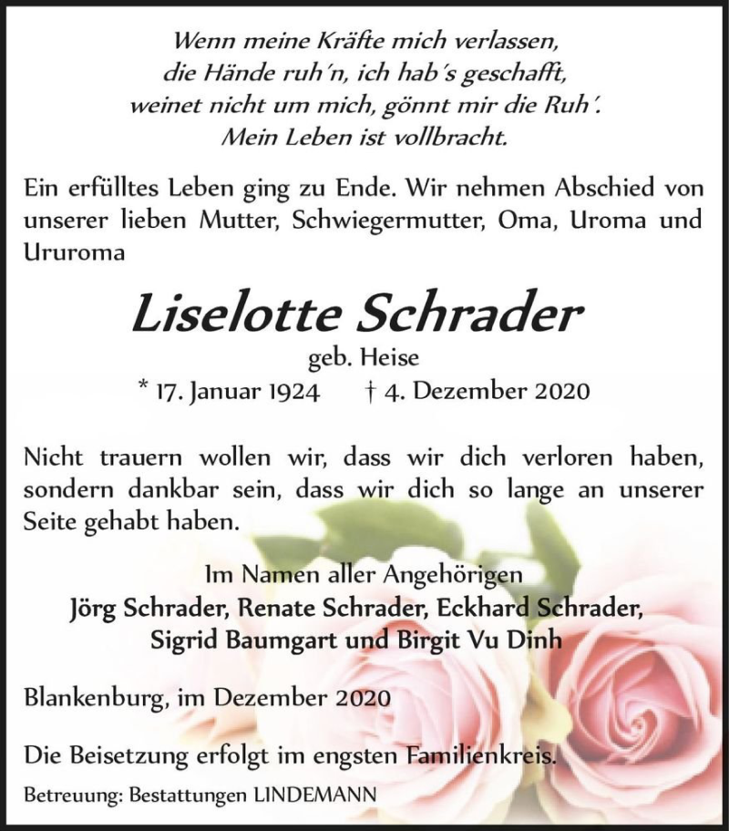  Traueranzeige für Liselotte Schrader (geb. Heise)  vom 12.12.2020 aus Magdeburger Volksstimme