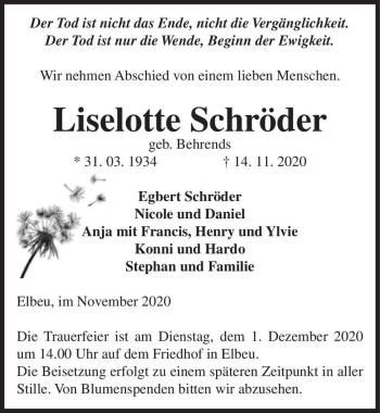 Traueranzeige von Liselotte Schröder (geb. Behrends)  von Magdeburger Volksstimme
