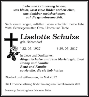 Traueranzeige von Liselotte Schulze (geb. Nahrendorf)  von Magdeburger Volksstimme