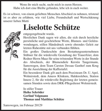 Traueranzeige von Liselotte Schütze  von Magdeburger Volksstimme