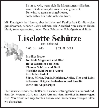 Traueranzeige von Liselotte Schütze (geb. Schünzel)  von Magdeburger Volksstimme