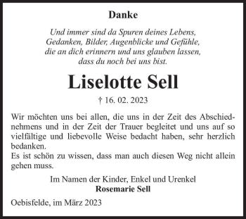 Traueranzeige von Liselotte Sell  von Magdeburger Volksstimme