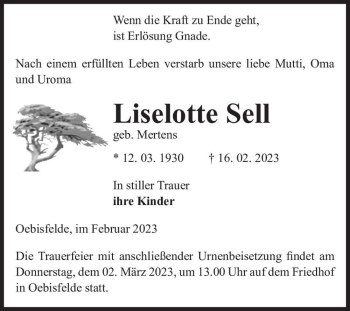 Traueranzeige von Liselotte Sell (geb. Mertens)  von Magdeburger Volksstimme
