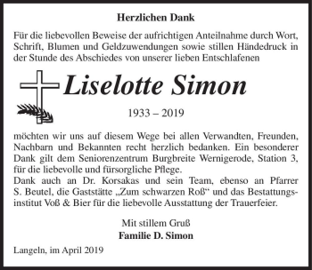Traueranzeige von Liselotte Simon  von Magdeburger Volksstimme