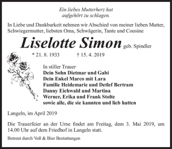 Traueranzeige von Liselotte Simon (geb. Spindler)  von Magdeburger Volksstimme