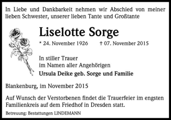 Traueranzeige von Liselotte Sorge  von Magdeburger Volksstimme