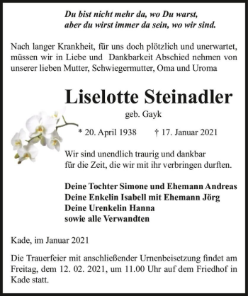 Traueranzeige von Liselotte Steinadler (geb. Gayk)  von Magdeburger Volksstimme
