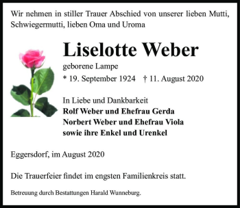Traueranzeige von Liselotte Weber (geb. Lampe)  von Magdeburger Volksstimme