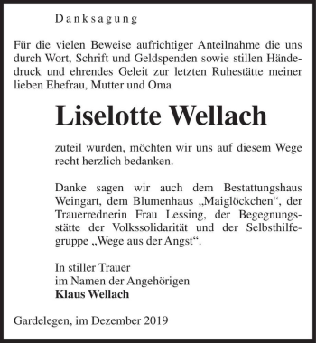 Traueranzeige von Liselotte Wellach  von Magdeburger Volksstimme
