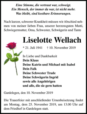 Traueranzeige von Liselotte Wellach  von Magdeburger Volksstimme