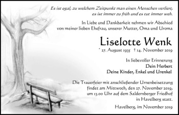 Traueranzeige von Liselotte Wenk  von Magdeburger Volksstimme