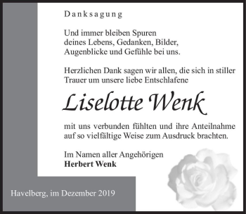 Traueranzeige von Liselotte Wenk  von Magdeburger Volksstimme
