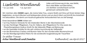 Traueranzeige von Liselotte Wentland  von Magdeburger Volksstimme