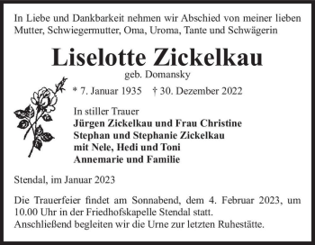 Traueranzeige von Liselotte Zickelkau (geb. Domansky)  von Magdeburger Volksstimme